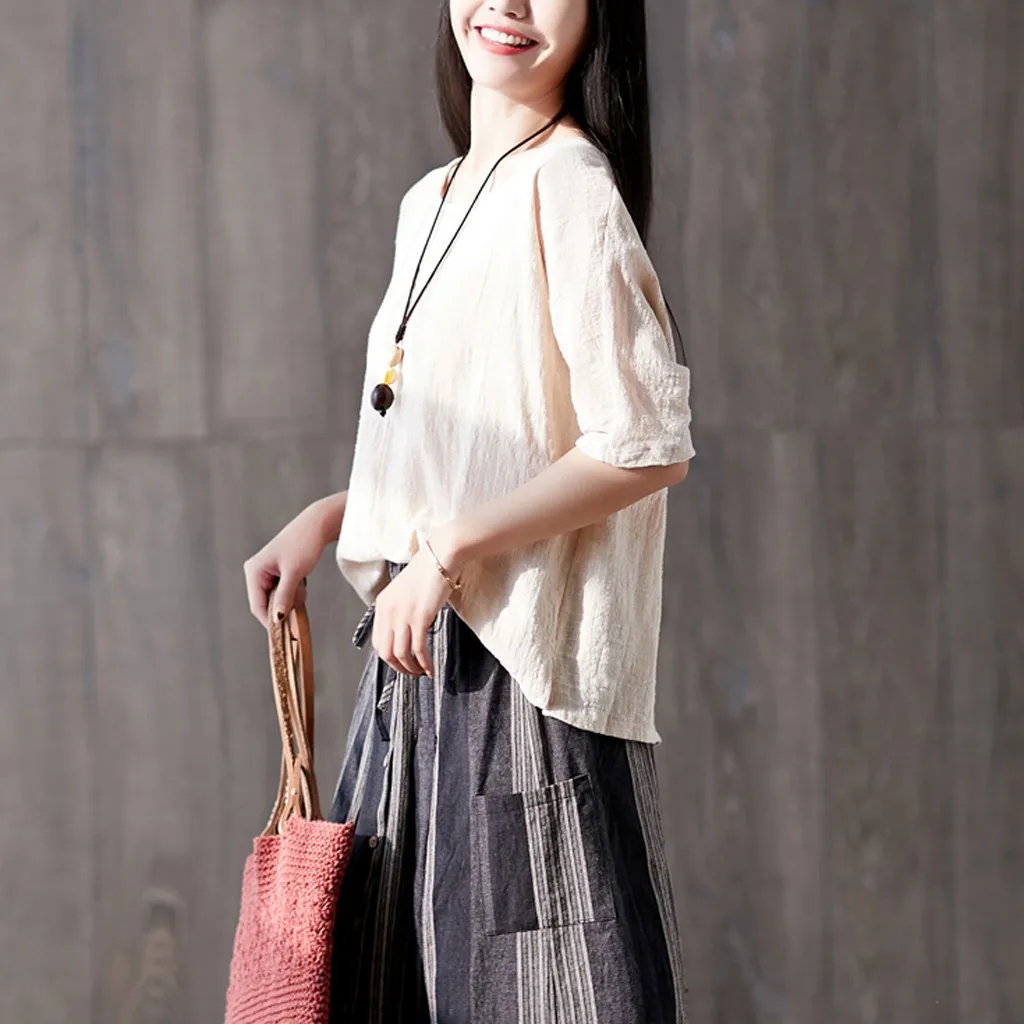 Women Casual Half Sleeve Loose Blouse O Neck Solid Cotton Linen Blouses Office Womens Work Shirts Plus Size Harajuku Blusas 2019 |