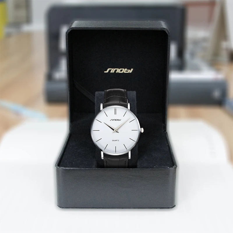 SINOBI Марка Супер тонкий кварцевые часы мода мужская повседневная Из Натуральной