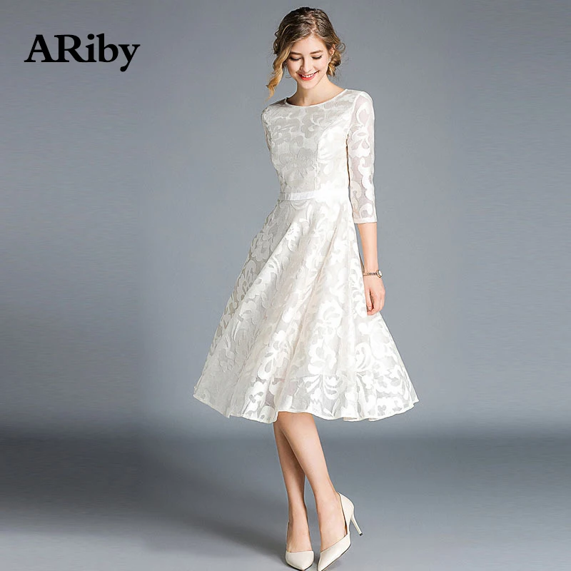 Женское платье Летнее кружевное Клубное платье ARiby модное офисное женское платье трапециевидной формы с вышивкой в стиле ампир с круглым воротником длиной до колена