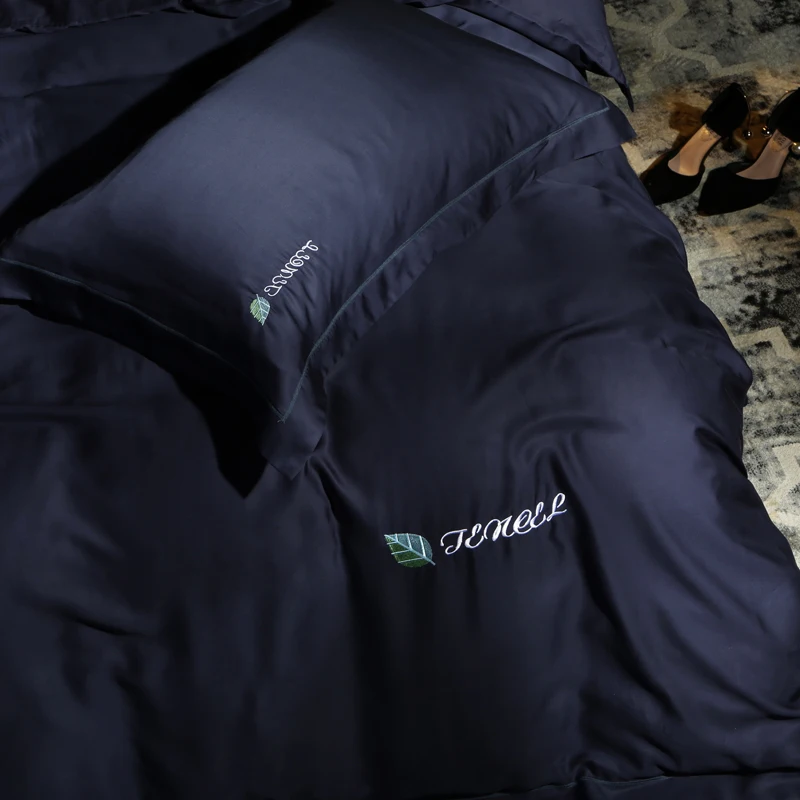 Black color Leaf embroidery Bedding Set Luxury tencel Soft Queen King size sets Bed Sheet Duvet Cover set | Дом и сад