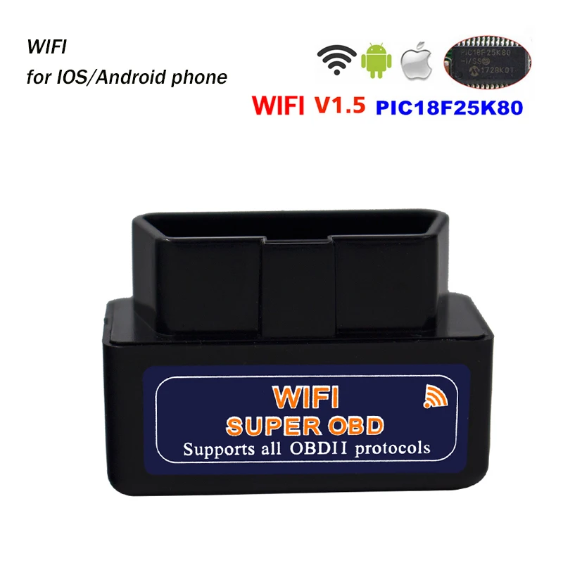PANDUK ELM327 V1.5 Bluetooth/wifi автомобильный диагностический инструмент чип PIC18F25K80 Obd2 сканер для автомобиля считыватель кодов работа Android/IOS 12 В - Цвет: WIFI V1.5 Black
