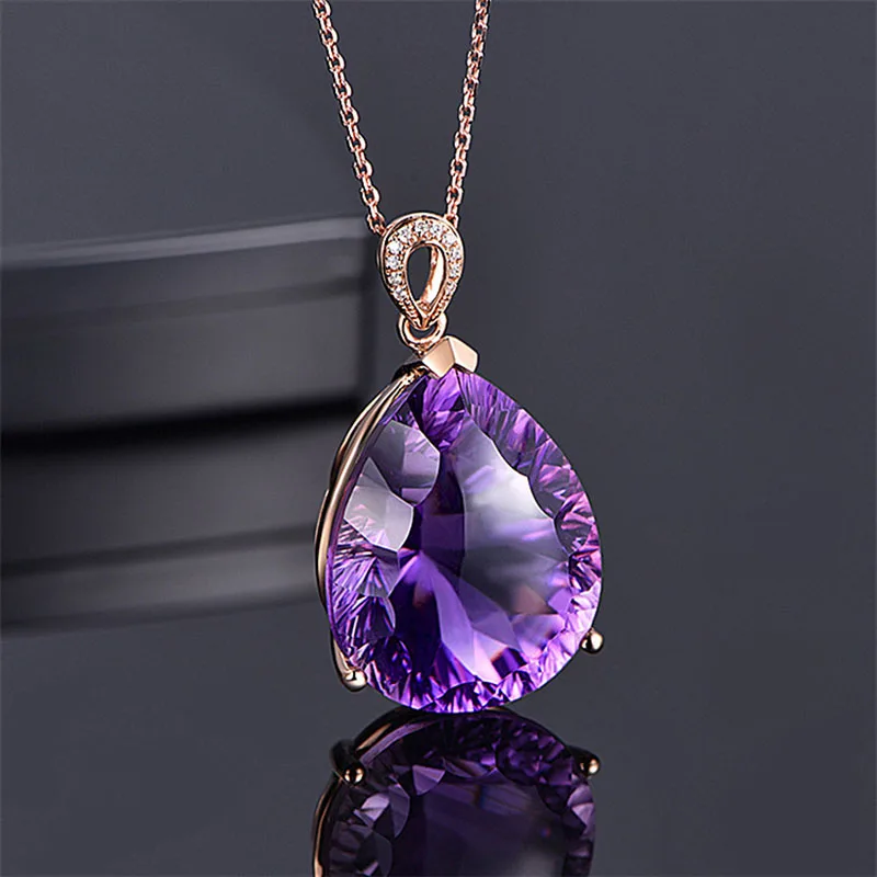 

RE Fashion Women Natural Stone Crystal Pendants Charm Rose Gold Color Purple CZ Women Engagement Jewelry Accessories J34