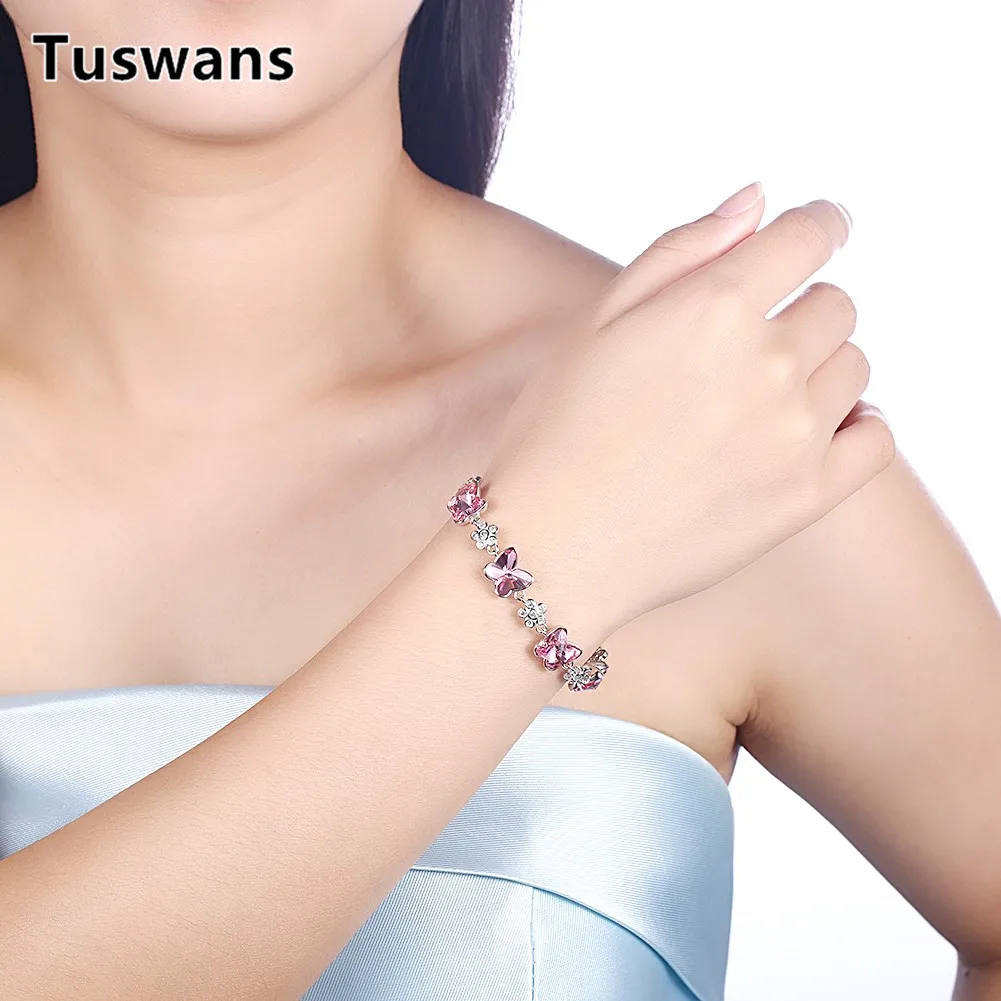 Женский браслет с розовым кристаллом-бабочкой и цирконием 100% Стерлинговое