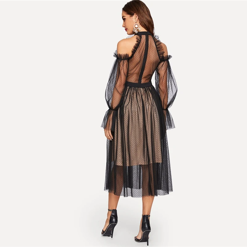 SHEIN Платье С Оборкой И Кружевом Платье С Открытым Плечом Кружевное Платье с Рюшами С Воротником-стойкой С Высокой Талией Элегантные Осенние Платья