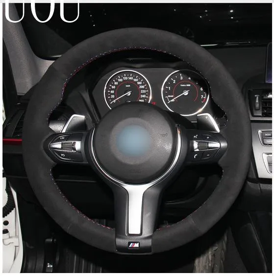 Чехол на руль Puou Tommia черный замшевый Синий Маркер для BMW F20 2012-2018 F45 2014-2018 F30 F31 F34