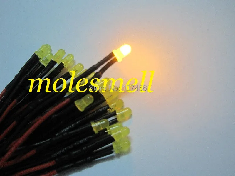 Free shipping 500pcs 3mm 5v diffused yellow LED Lamp Light Set Pre-Wired 3mm 5V DC Wired