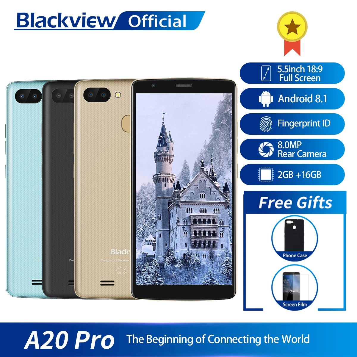 Blackview A20 Pro 5,5 дюйма 18:9 полный Экран 2 ГБ Оперативная память 16 ГБ Встроенная память MT6739WAL 4 ядра Android 8,1 отпечатков пальцев двойной SIM 4 г смартфон