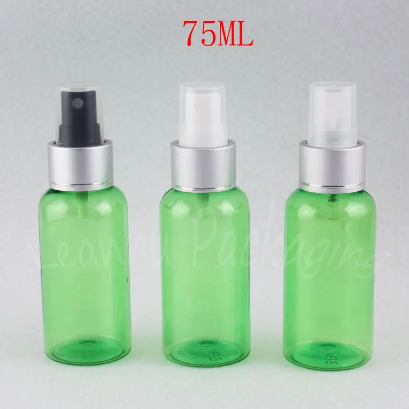 75ML Green Round Shoulder Plastic Bottle With Silver Spray Pump , 75CC Toner / Water Sub-bottling , Empty Cosmetic Container