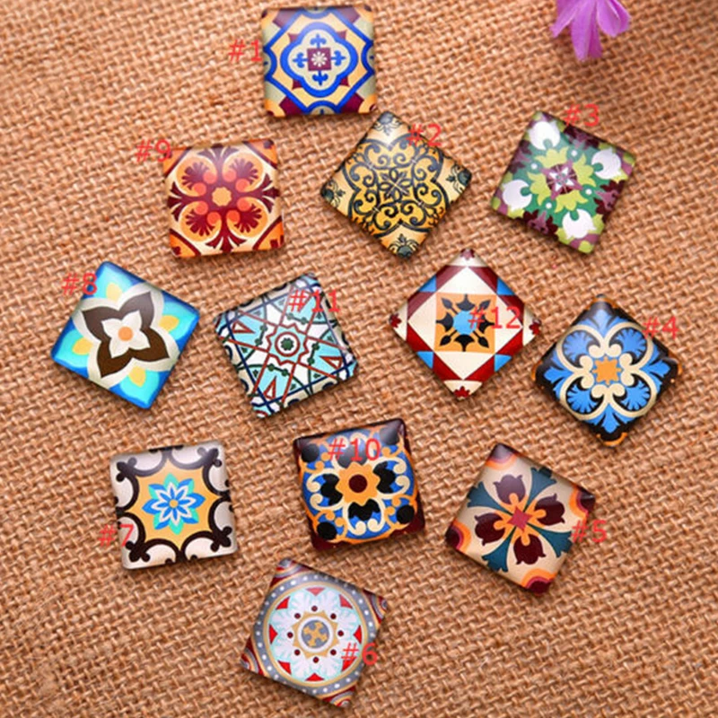 Mixed Fashion Flowers Glass Square Cabochons Transparent Dome for Jewelry Making DIY Findings Flat Back 10mm 15mm 20mm 25mm