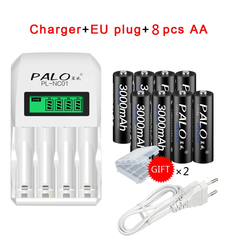 PALO 4 шт. AA батареи, перезаряжаемые батареи 1,2 V AA 3000mAh Ni-MH Предварительно заряженный аккумулятор 2A батареи для камеры игрушки - Цвет: 8pcs AA with charger