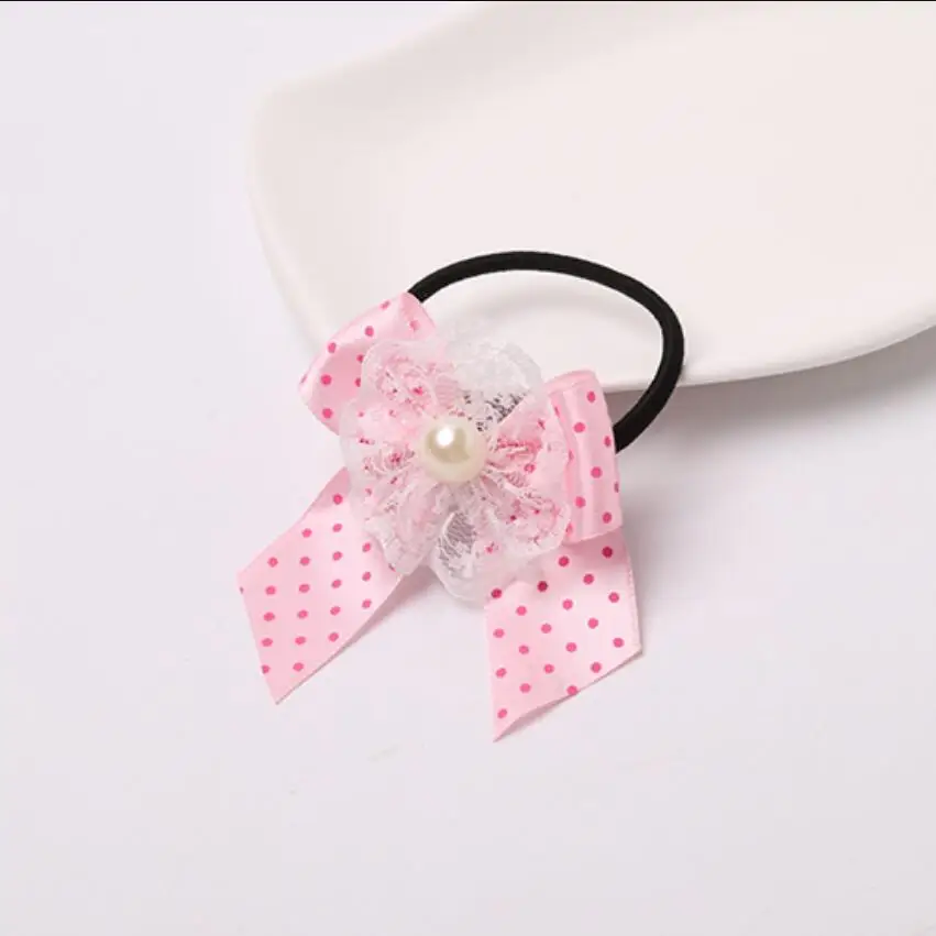 Детские резинки для волос в горошек с кружевным принтом и бантом жемчужные