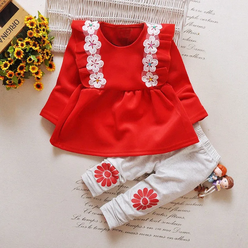 Conjunto roupas de bebe/осенние костюмы из 2 предметов для девочек кружевные штаны+ футболка с длинными рукавами и круглым вырезом с цветочным принтом вечерние комплекты для маленьких принцесс