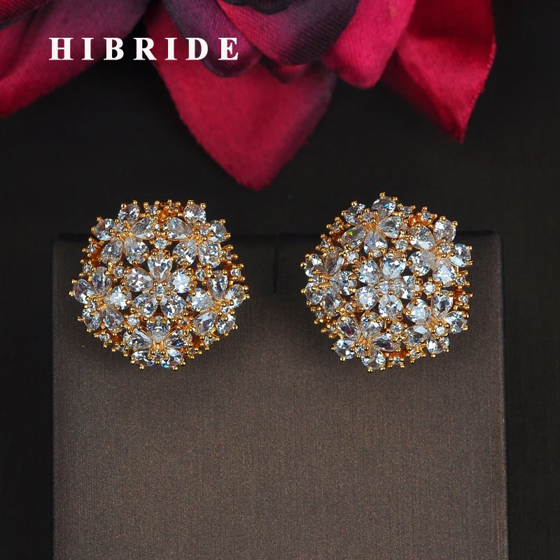 

HIBRIDE Beauty Flower Shape Sparkling AAA+ Cubic Zirconia Stud Earrings Fashion Gold Color Earrings For Women/Lady Jewelry E-809