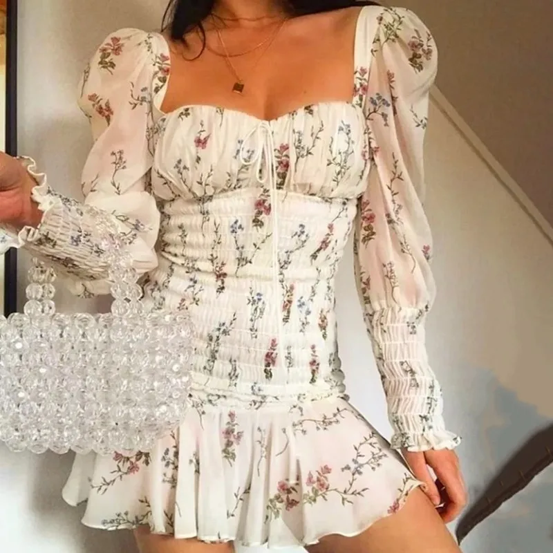 Женское плиссированное платье Fuedage Короткое облегающее с квадратным вырезом и