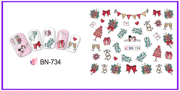 UPRETTEGO 12 упак./лот переводка NAIL ART наклейки на ногти цветок ручной работы розы с милыми сердечками и поцелуй губы торт на День святого Валентина BN733-744
