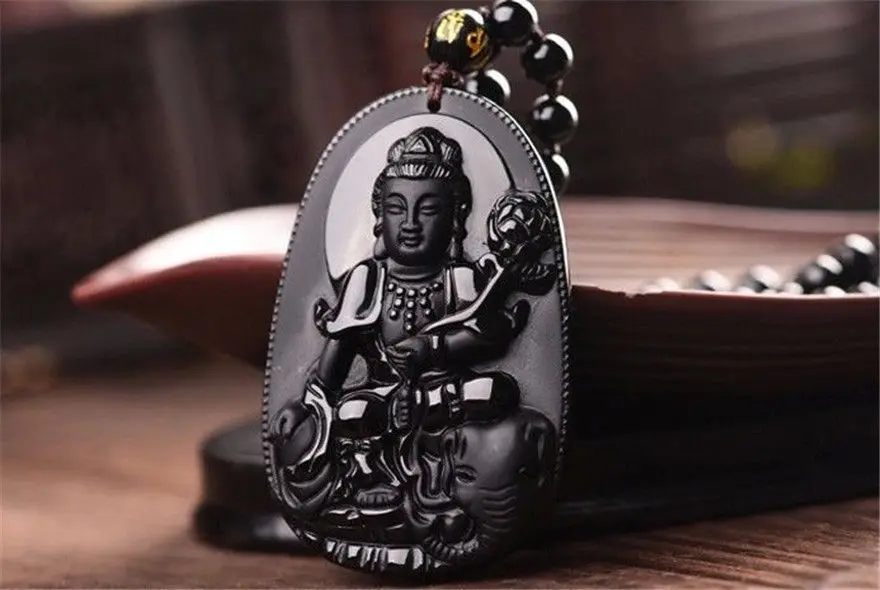 Черный 100% натуральный обсидиан резные кван инь лотос статуя ожерелье подвеска