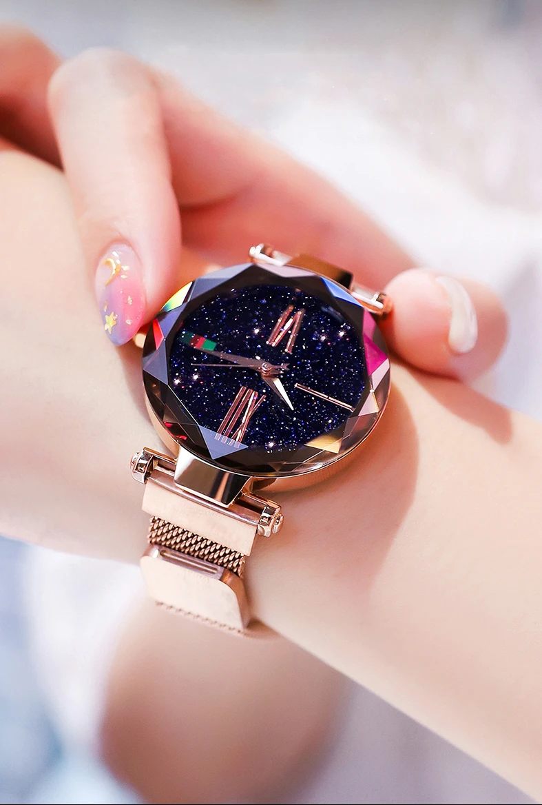 Модные роскошные женские часы розовое золото магнитные звездное небо