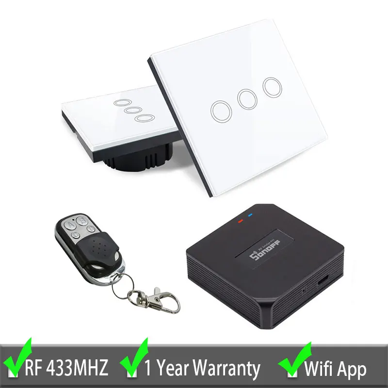 wifi and rf 3 gang Сенсорный переключатель Vhome, EV1527 433 МГц панель сенсорного переключателя для умного дома, стандарт ЕС/Великобритании, Wi-Fi управление, приложение Ewelink, умная настенная панель - Цвет: wifi and rf 3 gang