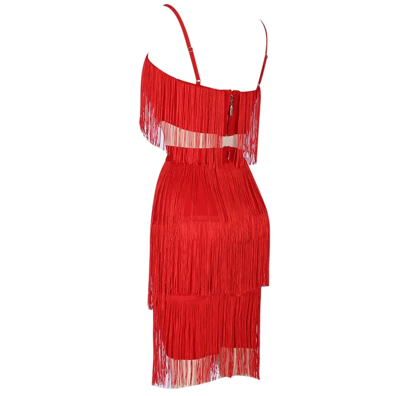 Ocstrade Women Elegant Summer Bodycon Dress New Fashion Tasseled Red Sexy Spaghetti Strap Bodycon Dress Nightclub Party