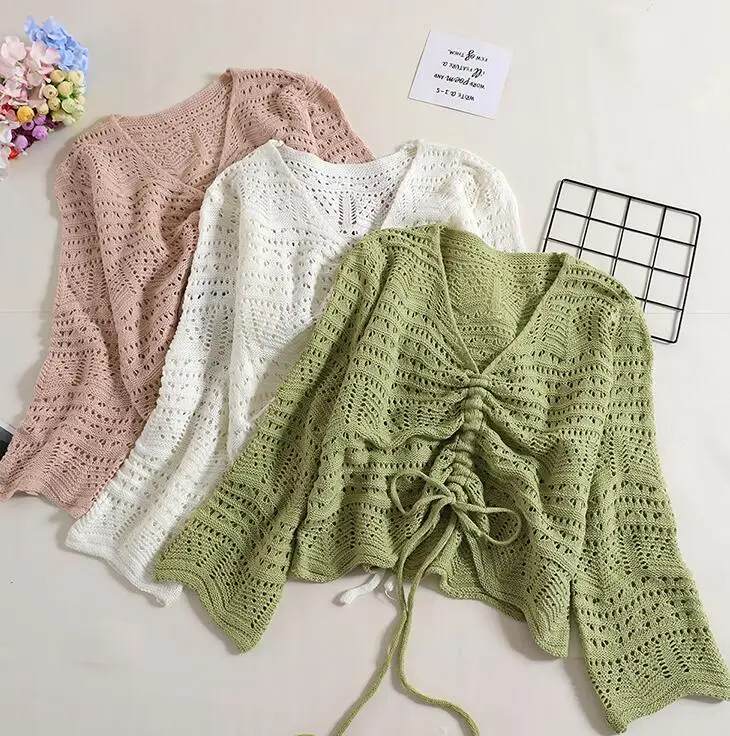 Пуловер женский с V образным вырезом трикотажный топ высокой талией одежда для