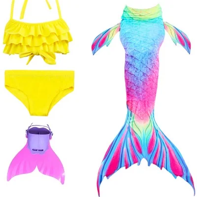 Yellow with Flipper Купальный костюм русалки для девочек, детский купальный костюм с хвостом русалки, детская одежда, Раздельный купальник, хвост русалки, одежда для купания - Цвет: Yellow with Flipper
