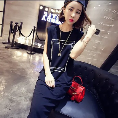 2019 T-shirt Women's Summer Korean Style of Large Size Printed Dress Hip Sleeveless Slim Ladies Casual | Женская одежда