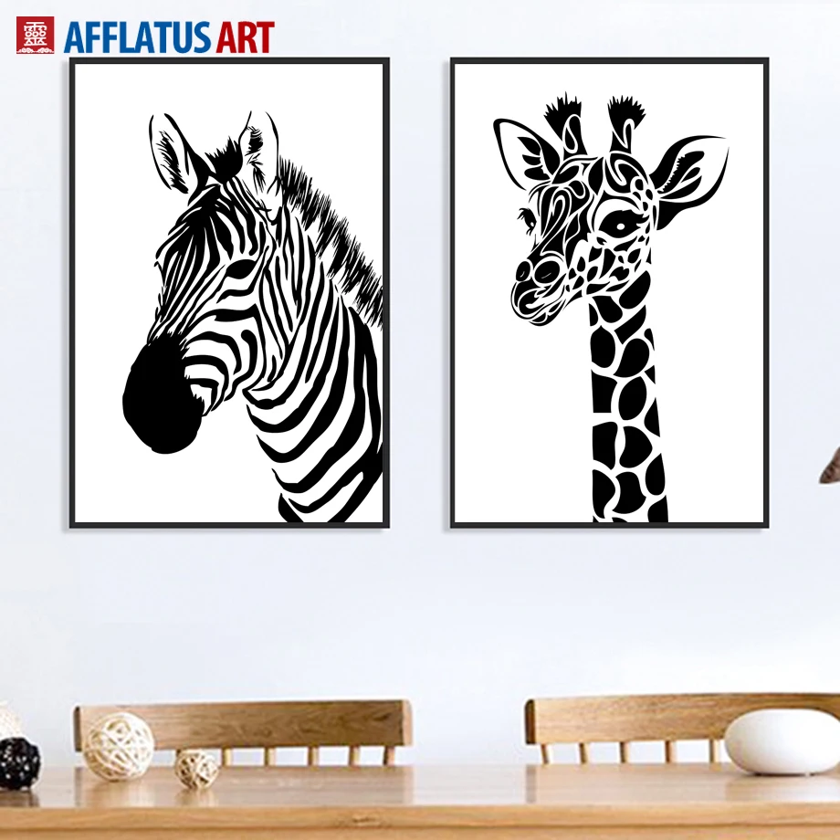 Черно белая лошадь Жираф скандинавские плакаты и принты настенная живопись