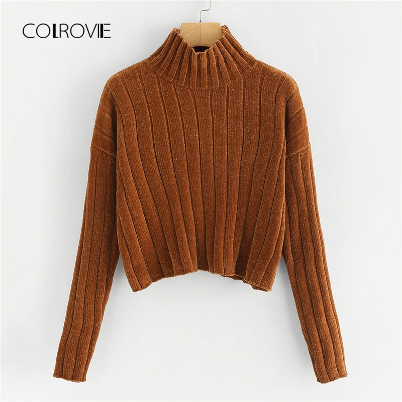 COLROVIE coffee, однотонная рабочая одежда с высоким воротом, тонкий женский свитер,, Осенние сексуальные пуловеры, джемпер, женские свитера Highstreet