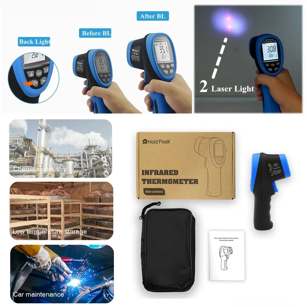 

HoldPeak HP-1320/1500 D:S 30:1 Digital IR Thermometer Non Contact Laser Infrared Temperature Instrument Pyrometer -50-1500'C