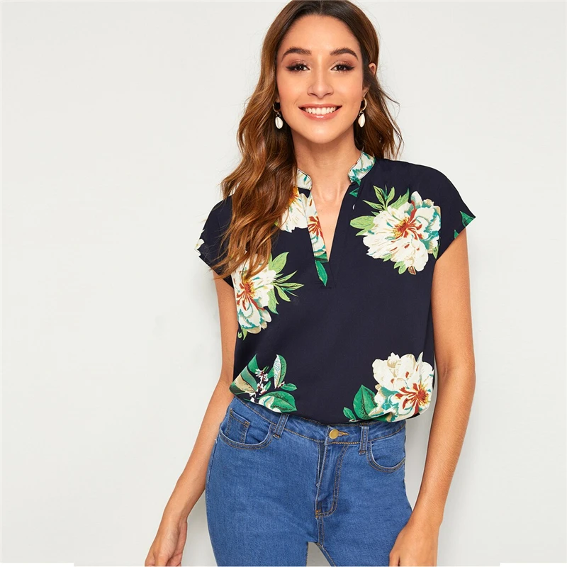 SHEIN модная женская блузка с v-образным вырезом и цветочным принтом, женская летняя Повседневная Блузка в стиле бохо с асимметричным подолом, Женские топы и блузки
