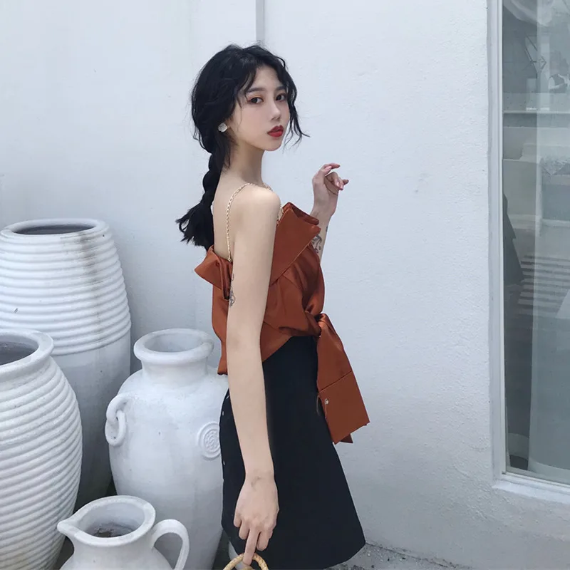 2018 Осенняя модная Уличная Сексуальная блуза с вырезом лодочкой и металлическими