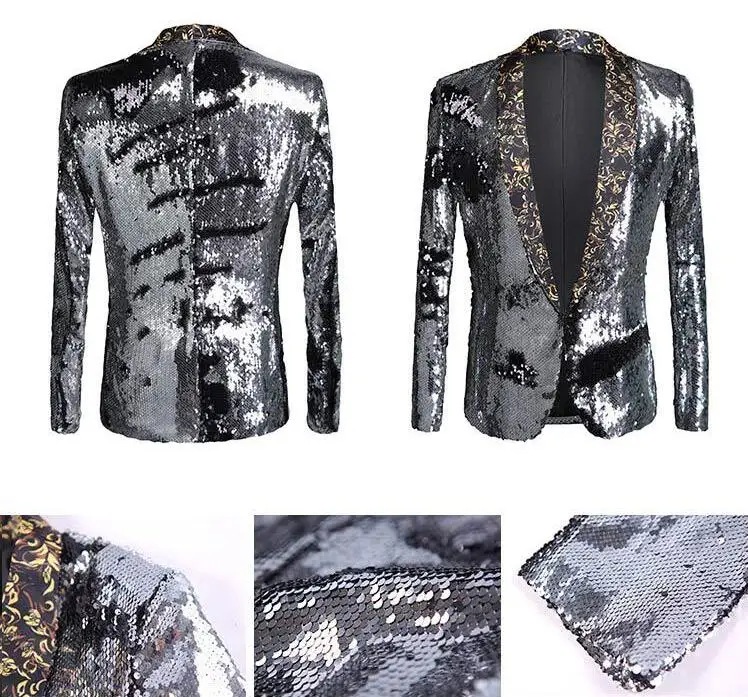 Новинка 2020 Мужской Стильный Двуцветный Блейзер золотого цвета с блестками для