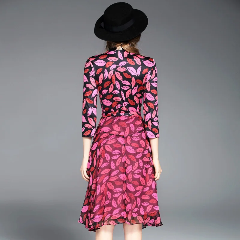 Женщины Vintage Губы Печатных Three Четверти Шифон Dress 2017 Весна Причинно Офис Дамы