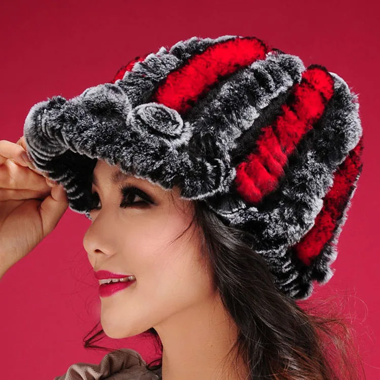 Red Black Fur Story 13615 Настоящий мех кролика шляпа шерсть козырек Лыжная шапка мяч шляпа леди головной убор подарок - Цвет: Red Black