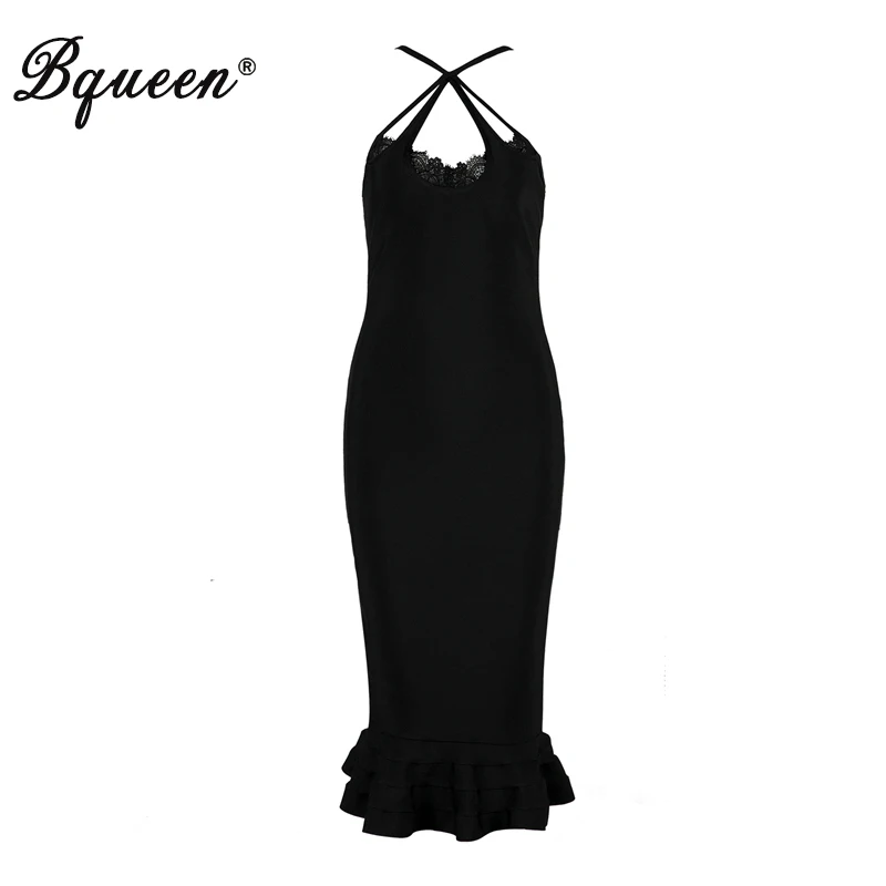 Bqueen Elegant Midi Mermaid Bodycon Spring Women Party Dress Sexy Deep V Spaghetti Strap Backless Bandage Vestidos Женская одежда