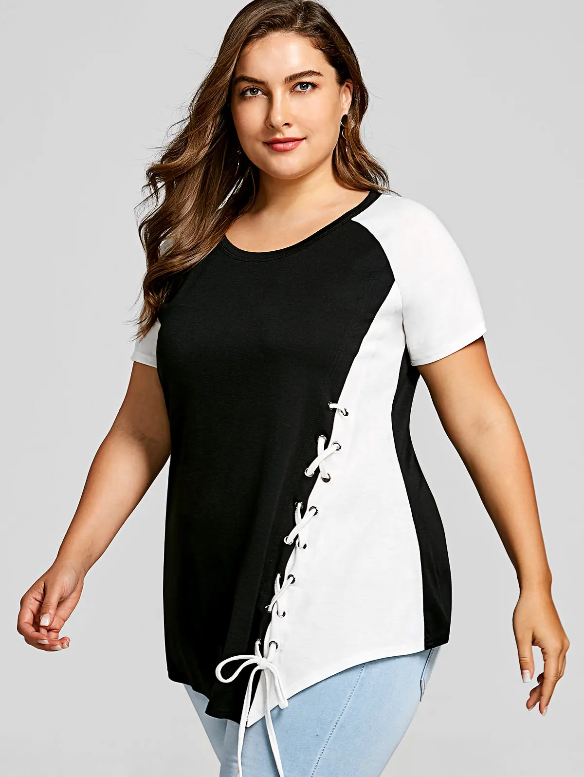 Женская футболка с круглым вырезом коротким рукавом и шнуровкой|Футболки| |