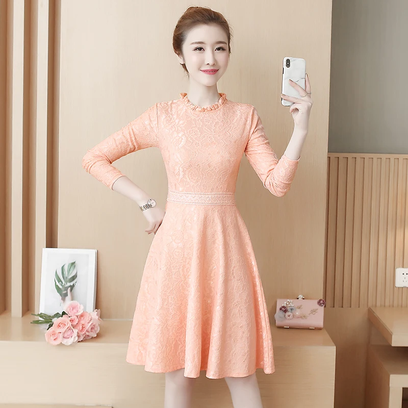 2018 Новый Осень Для женщин платье длинный рукав с круглым вырезом кружевные