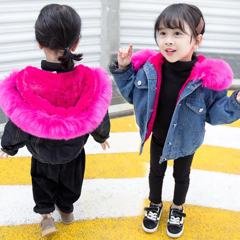 Fashion Girl Winter Jacket Denim Fur Hooded Jackets for Baby Girl's Thick Coat Warm Outerwear Kids Coats Jeans | Детская одежда и