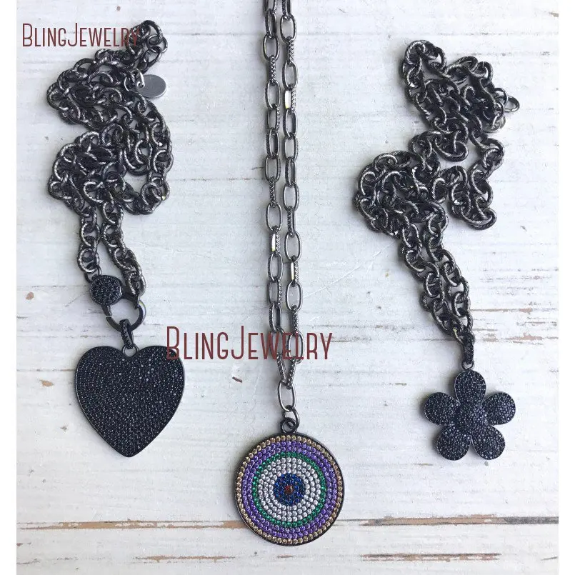 Gunmetal Pave черный кристалл Застежка чокер сердце кулон на текстурированная цепь