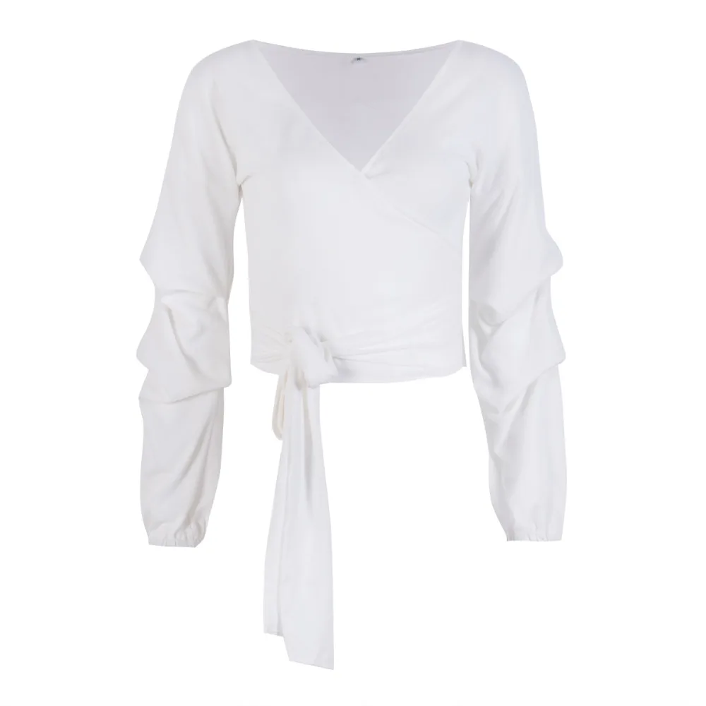 V Neck Sweaters Women Knitted Jumper Sweater Top Pullover Short Knitwear V-neck Cropped Tops Bandage Puff Sleeve Shirt | Женская одежда