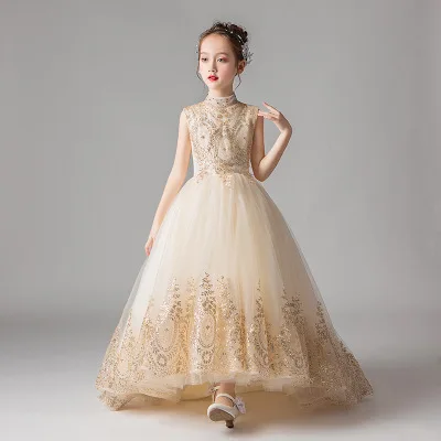 Sequin Gold Lace Girl Dress Princess Formal Gown Long Trailing Flower Pageant Party Wedding First Communion Dresses | Детская одежда и