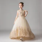 Золотое кружевное платье для девочки с блестками, официальное платье принцессы, длинное платье для девочки с цветочным рисунком, пышное платье Вечерние вечеринки, свадьбы, первого причастия