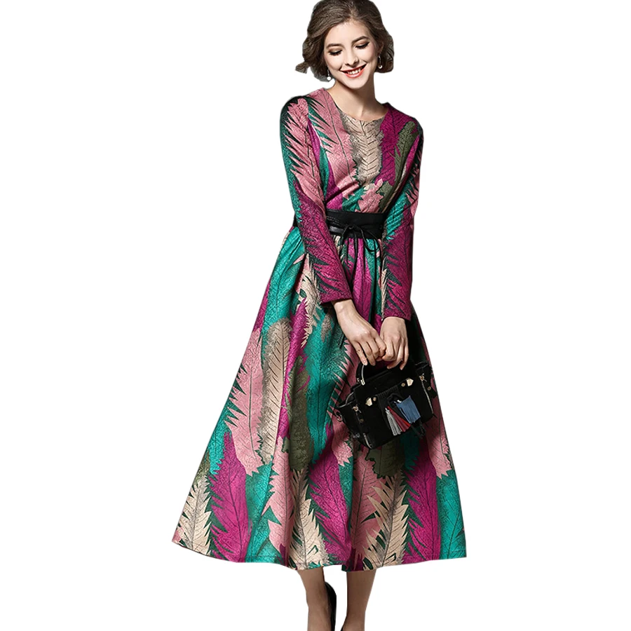 Женское винтажное платье трапециевидной формы с длинным рукавом и круглым