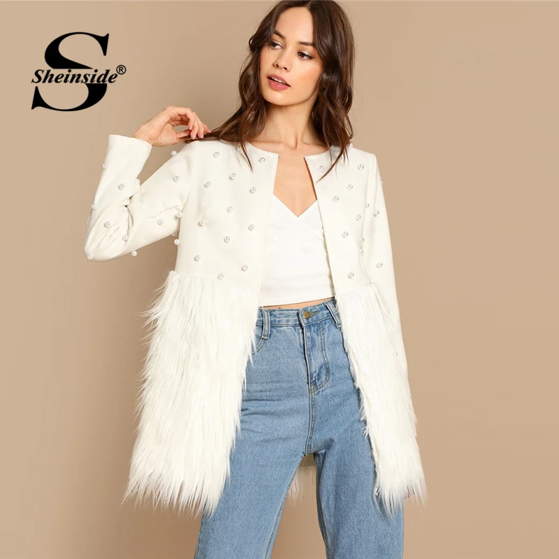 Sheinside Женское пальто с белым жемчугом, осенняя куртка, элегантная женская верхняя одежда, женская модная Лоскутная куртка из искусственного меха