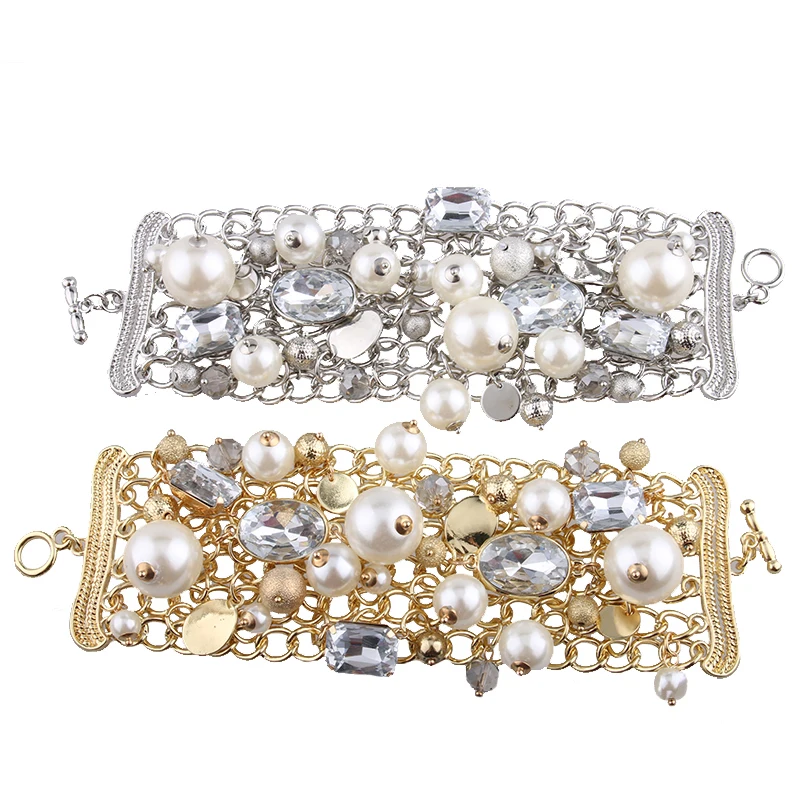Женский браслет в стиле ретро большие стразы с жемчугом и кристаллами|pearl