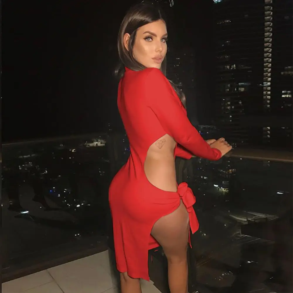 Новинка лета-осени 2019 платье с длинными рукавами и высоким воротником разрезом