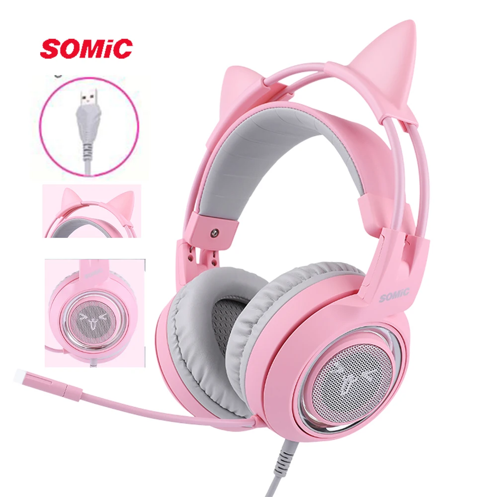 SOMIC G951 розовые наушники с кошачьими ушками Virtual 7,1 с шумоподавлением, игровые наушники, вибрационный светодиодный USB гарнитура, детские наушники для девочек, для ПК