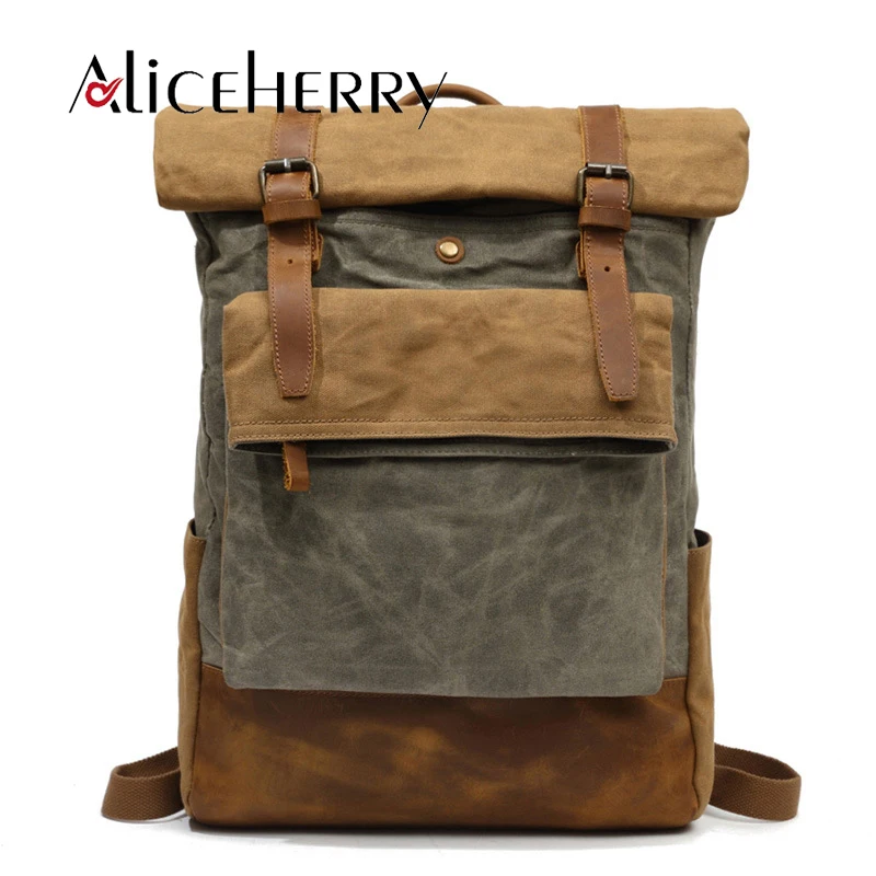 Fashion men's multifunction backpack vintage canvas leather school backpack men's travel bags large capacity travel Cowhide Bag