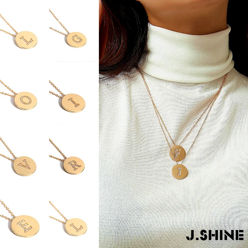 JShine, A-Z, Золотая цепочка, кристалл, алфавит, монета, ожерелье для женщин,, новая мода, буквы, Круглый чокер, длинное, штабелируемое ожерелье