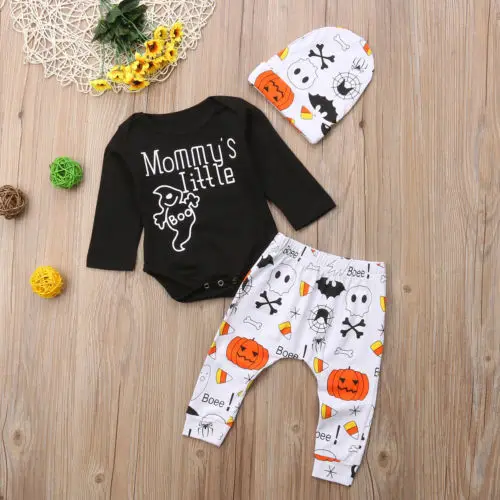 Adorable 3Pcs Halloween Clothing Baby Boys Girls Long Sleeve Letter Print Romper Tops+Long White Ghost Pants+Hats Infant Outfit | Детская